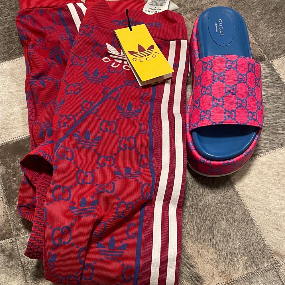 Gucci Red and Blue Tracksuit with Pink Slides